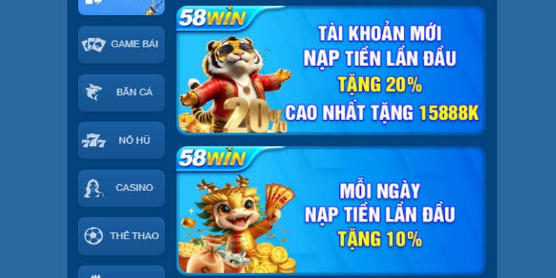 Khuyến mãi 58WIN nạp đầu luôn là chương trình được tìm kiếm nhiều nhất
